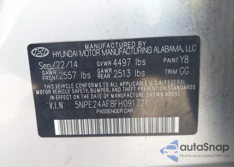2015 Hyundai Sonata Se from USA, damaged, VIN 5NPE24AF8FH091721